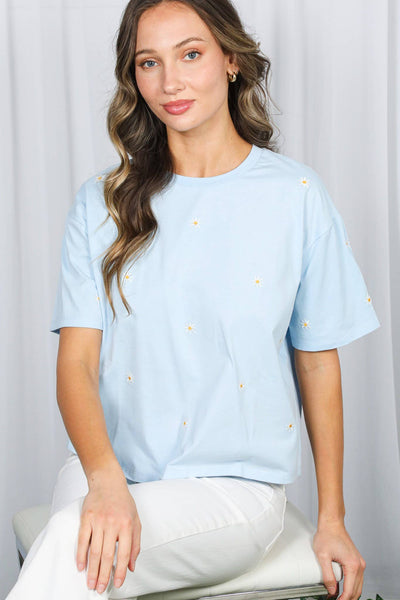 Floral Embroidered Crew Neck 100% Cotton Knit Top VT82319: Blue / S - Lulu Bella Boutique