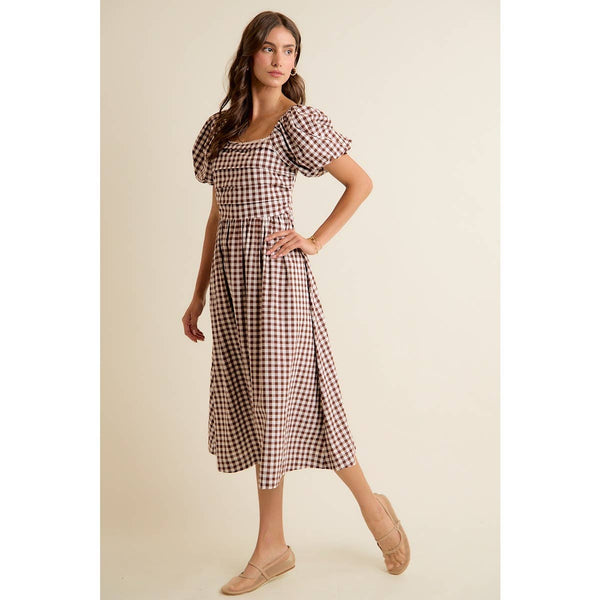 GINGHAM LACE TRIM PUFF SLEEVES LINED MIDI DRESS: BROWN / S - Lulu Bella Boutique