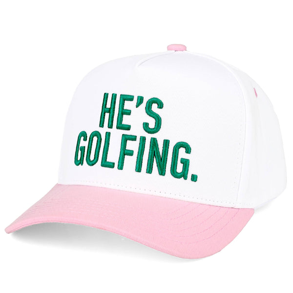 C.C HE'S GOLFING Letter Embroidered on Two Tone Trucker Hat: Light Pink - Lulu Bella Boutique