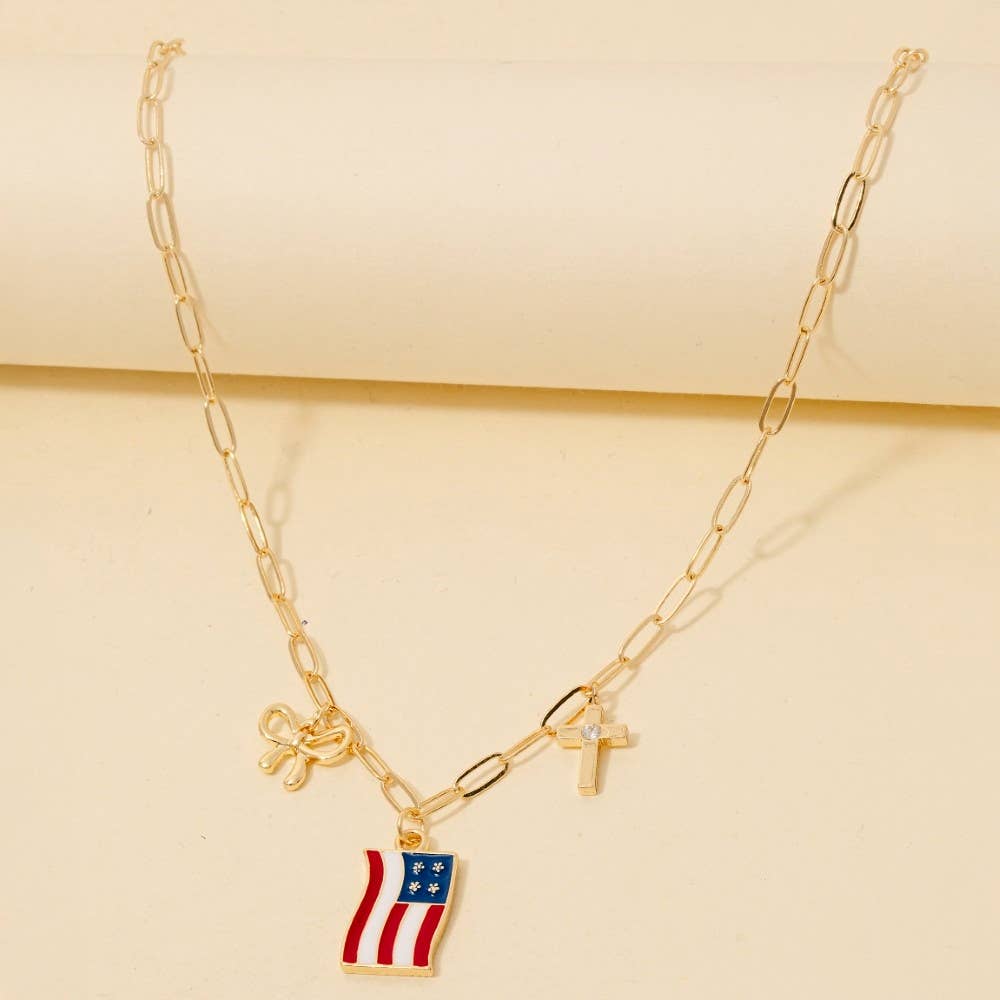 Cz Stud Bow Cross And Enamel Usa Flag Charms Chain Necklace: GDMLT - Lulu Bella Boutique