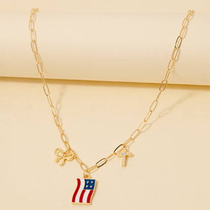 Cz Stud Bow Cross And Enamel Usa Flag Charms Chain Necklace: GDMLT - Lulu Bella Boutique