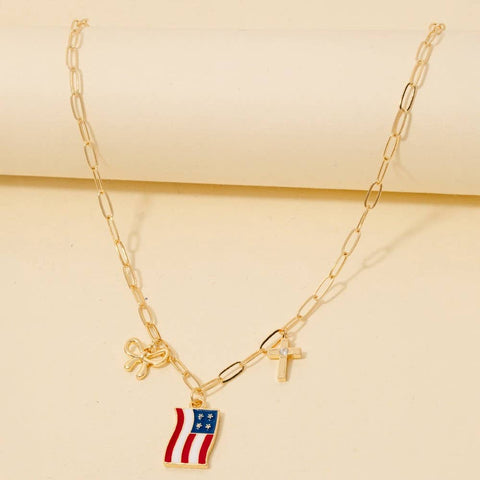 Cz Stud Bow Cross And Enamel Usa Flag Charms Chain Necklace: GDMLT - Lulu Bella Boutique