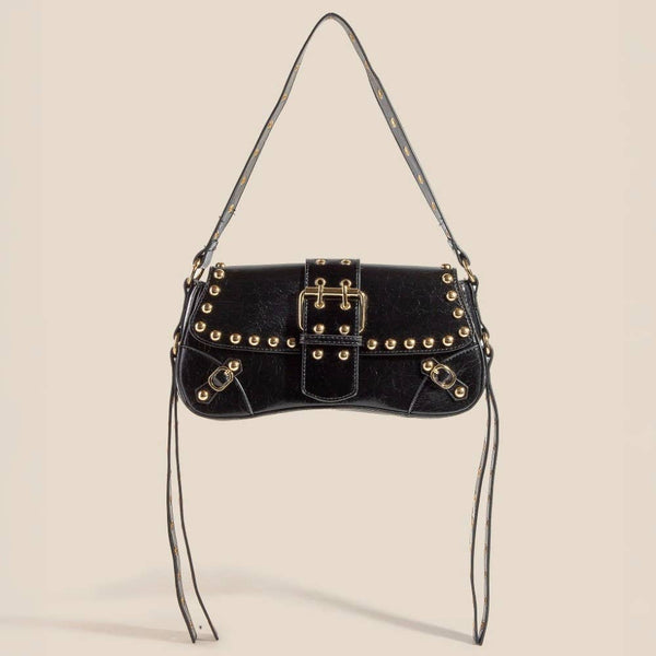 Glossy Leather Rivet Trim Shoulder Bag: SBK