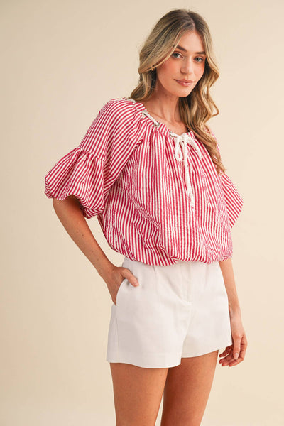 STRIPED BUBBLE TOP WITH GROMMET NECKLINE MTP4529: BERRY RED STRIPE / S - Lulu Bella Boutique