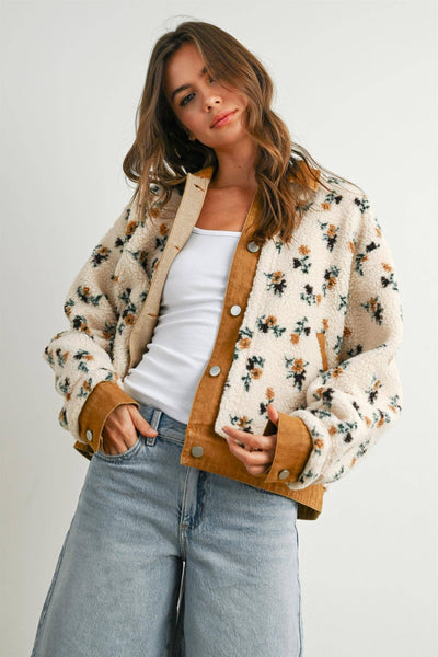 Floral Sherpa Fleece Snap Jacket with Twill Trim: CREAM / CAMEL