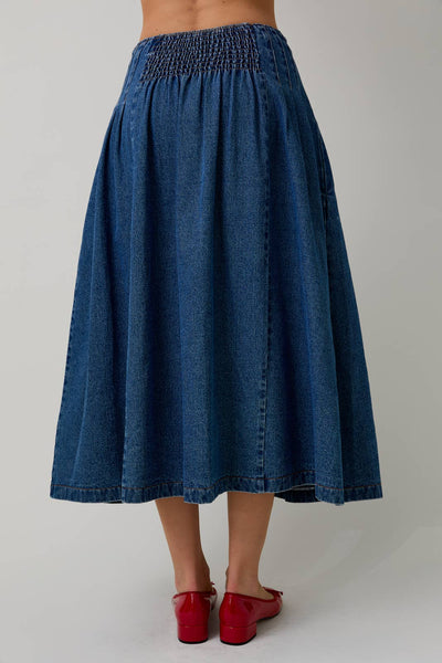 DENIM PLEATED MIDI SKIRT: DENIM / S - Lulu Bella Boutique