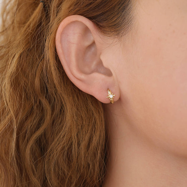 E168 star huggie earring, star huggies, star hoop, starburst: Yellow Gold