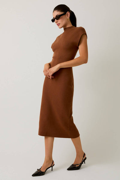 SHORT SLEEVE MOCK NECK MIDI SWEATER DRESS: COGNAC / S - Lulu Bella Boutique