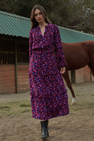 Turma Abstract Iveny Tiered Maxi Dress: BURG-PINK