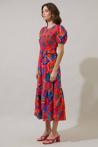 Kahlia Tropics Aruba Smocked Midi Dress: Red Multi / S - Lulu Bella Boutique