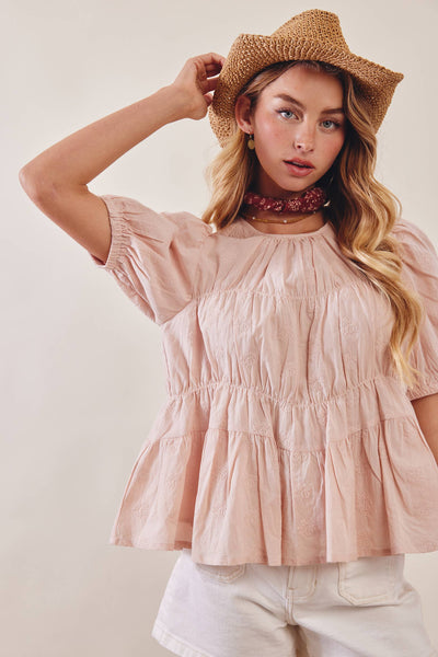 Embroidered Rose Peplum Blouse: Rose Latte - Lulu Bella Boutique