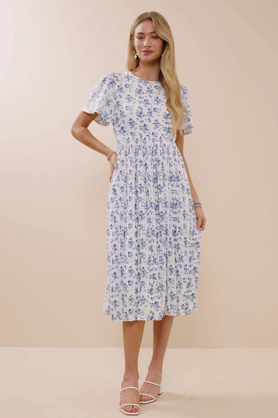 Womens Ditsy Floral Pleated Skirt Dress: Blue - Lulu Bella Boutique