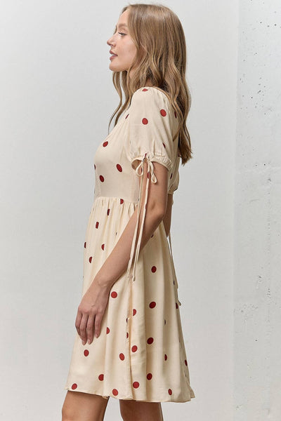 POLKA DOT PRINT SHORT SLEEVE DRESS: CREAM/RED / S - Lulu Bella Boutique