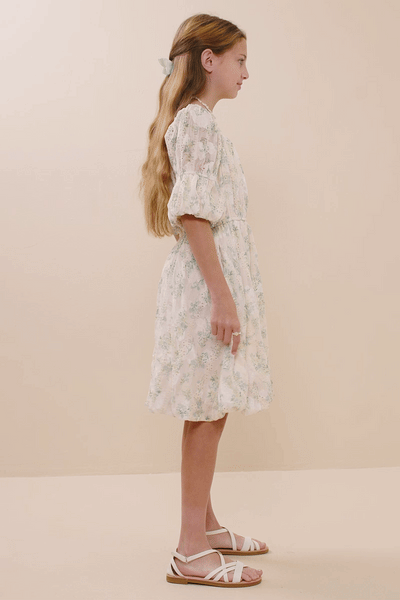 Girls Floral Printed Mesh Puff Sleeve Dress: Cream