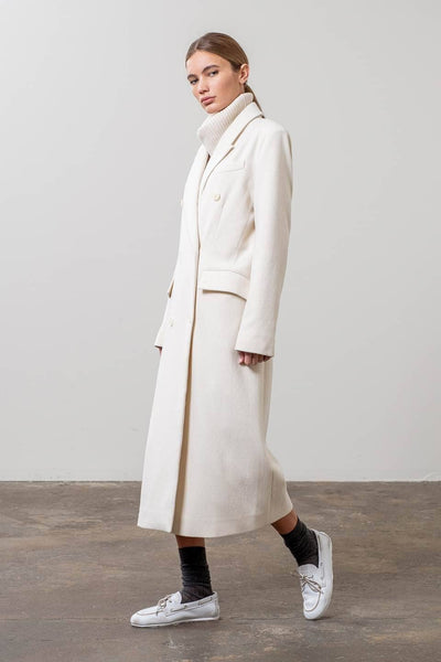 NOTCH COLLAR BUTTON FRONT LONG LINE COAT: CREAM