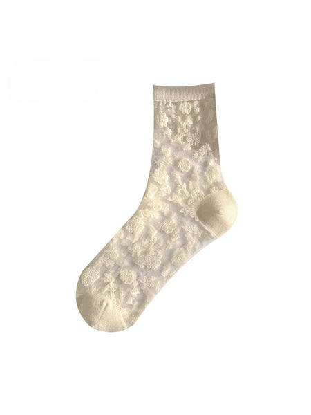 Elegant Bloom Sheer Lace Socks: Khaki