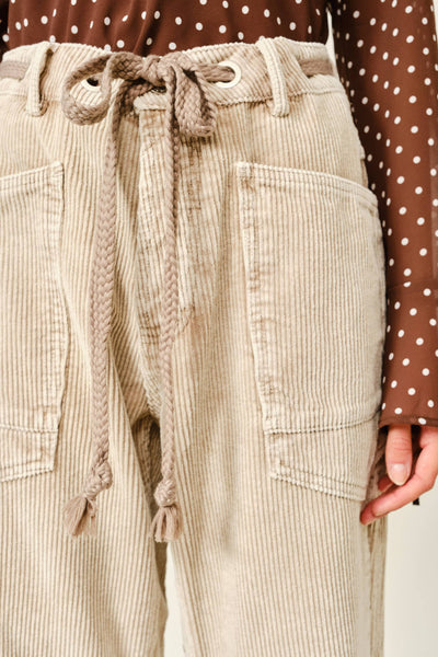 BARREL CORDUROY PANTS WITH EYELET WAIST: DOVE