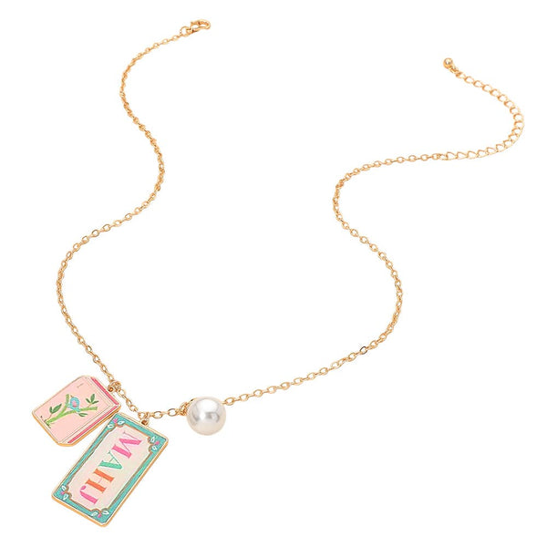 Mahjong Tile Pearl Charm Pendant Necklace