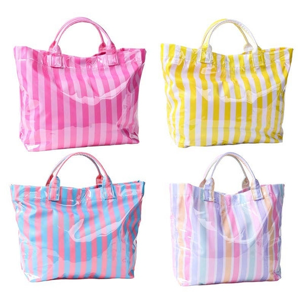 Large Striped Vinyl Tote Bags | 40P595: PINK GREEN - Lulu Bella Boutique
