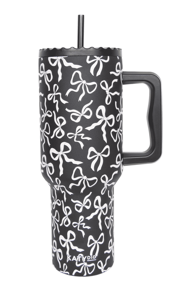 Black & White Bows All Over 38 Oz Drink Tumbler: Black - Lulu Bella Boutique