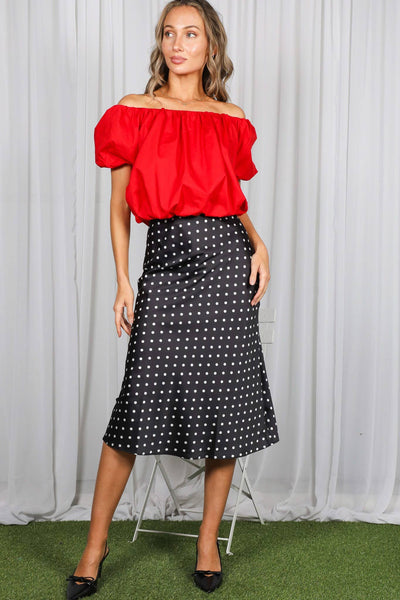 Dot Print Bias Cut Satin Midi Skirt VS51610K: Black / S - Lulu Bella Boutique