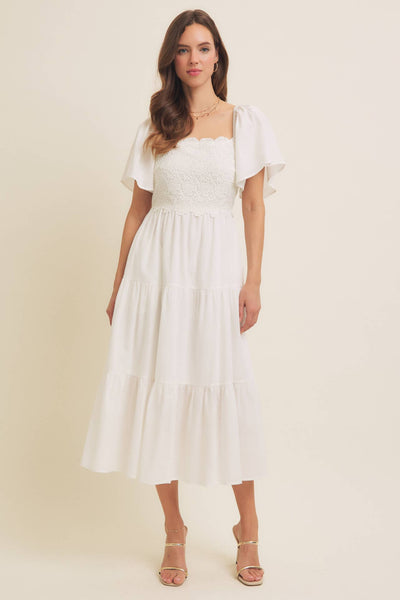 TIERED FLORAL CROCHET MIDI DRESS WITH FLUTTER SLVS: OFF WHITE / S - Lulu Bella Boutique