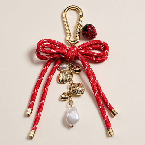Bow Knot Accent Metal Heart Pearl Strawberry Charm Keychain / Bag Charm - Lulu Bella Boutique