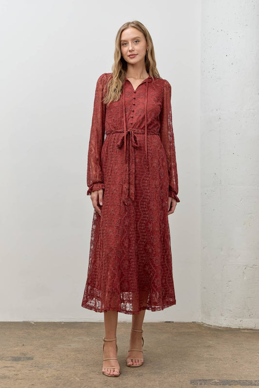 LONG SLEEVE LACE LONG MIDI DRESS: RED BROWN