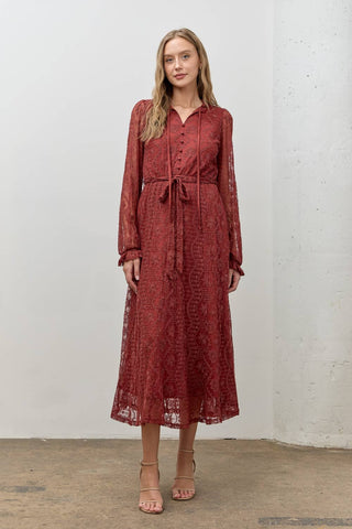 LONG SLEEVE LACE LONG MIDI DRESS: RED BROWN