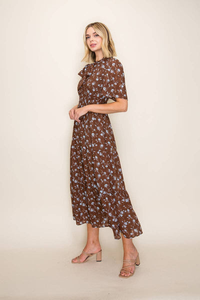Ditsy Floral Tiered Midi Dress: Brown
