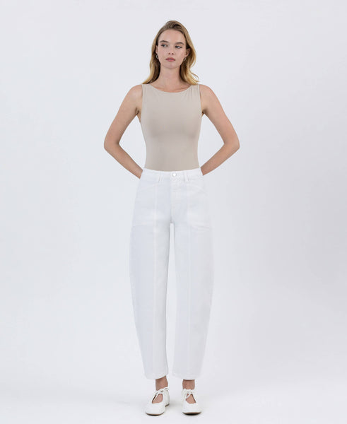 SUPER HIGH RISE OPTIC WHITE PANEL BARREL JEANS F5880WH: OPTIC WHITE / 25 - Lulu Bella Boutique