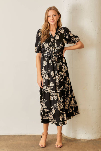 FLORAL PRINT BUTTON FRONT TIERED MAXI DRESS: CREAM MULTI / XL