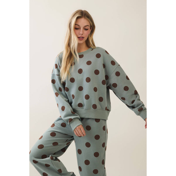Polka Dot Crew Neck Sweatshirt: Sage/Brown