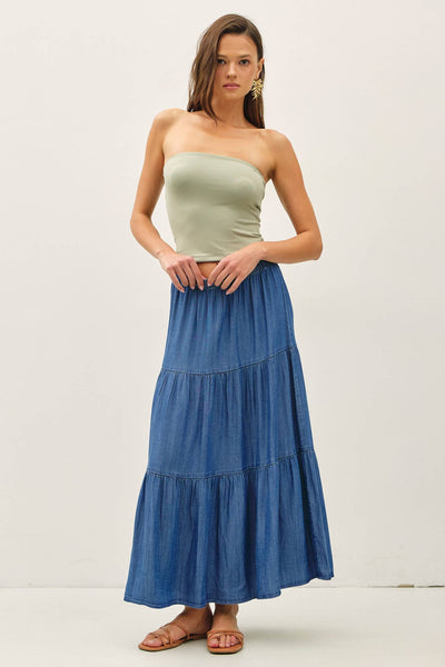 DENIM LOOK TENCEL TIERED MAXI SKIRT : MED WASH - Lulu Bella Boutique