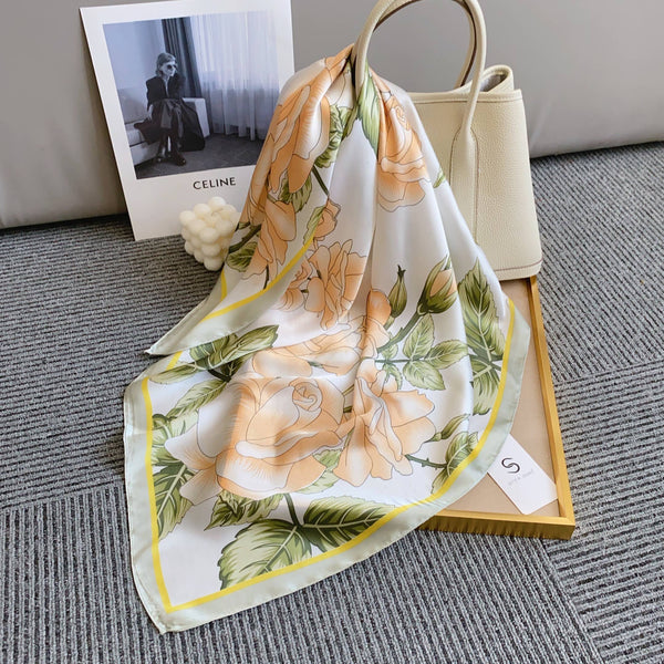 FLOWER SILKY BANDANA SQUARE NECK SCARF, DS 31169: YL - Lulu Bella Boutique