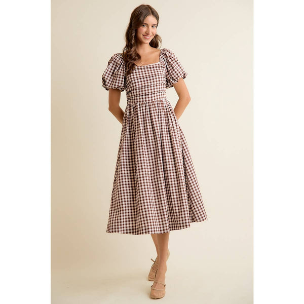 GINGHAM LACE TRIM PUFF SLEEVES LINED MIDI DRESS: BROWN / S - Lulu Bella Boutique
