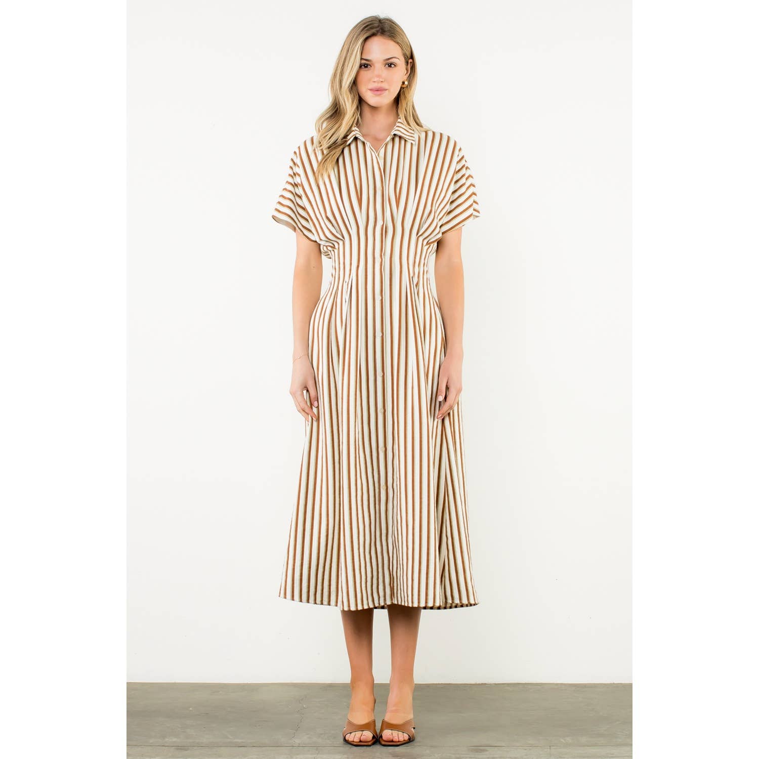 Striped Pintuck Button-Up Maxi Dress: BROWN / XS-S-M-L(1-2-2-1) - Lulu Bella Boutique