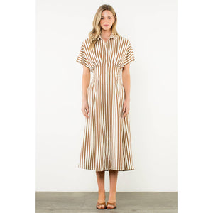 Striped Pintuck Button-Up Maxi Dress: BROWN / XS-S-M-L(1-2-2-1) - Lulu Bella Boutique
