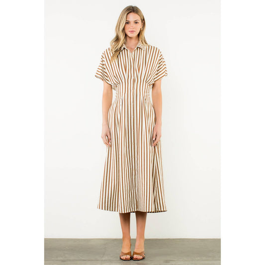 Striped Pintuck Button-Up Maxi Dress: BROWN / XS-S-M-L(1-2-2-1) - Lulu Bella Boutique