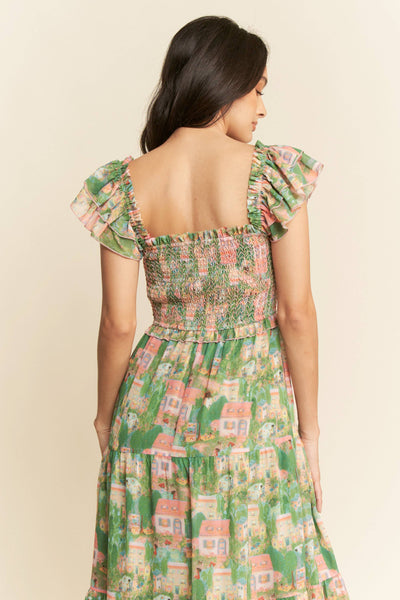 VILLAGE SMOCKING BODICE RUFFLE SLEEVE MAXI DRESS: Pink green / S - Lulu Bella Boutique