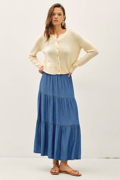 DENIM LOOK TENCEL TIERED MAXI SKIRT : MED WASH - Lulu Bella Boutique
