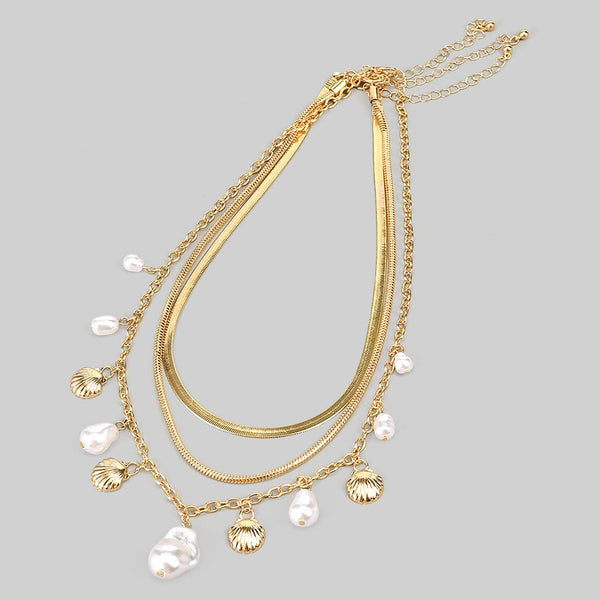 THREE PIECE LAYERED SHELL AND PEARL CHARM NECKLACE: GOLD / 1 SIZE - Lulu Bella Boutique