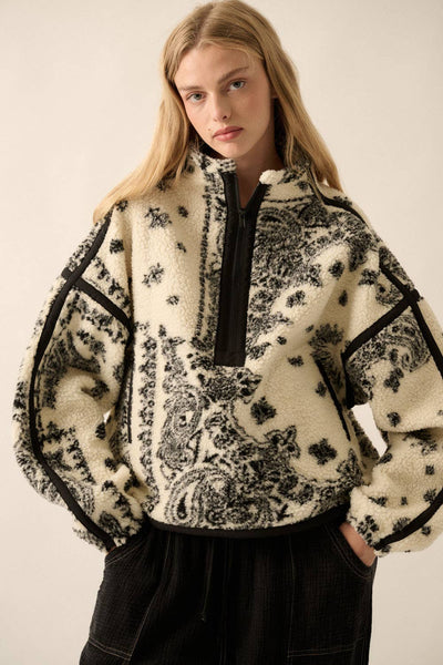 Floral Sherpa Fleece Half-Zip Pullover Jacket: Cream-Black / S - Lulu Bella Boutique