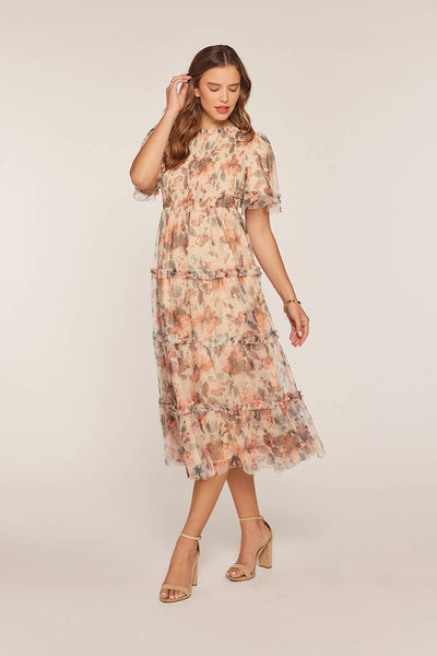 Floral Mesh Tiered Midi Dress: Ivory/Red/Charcoal