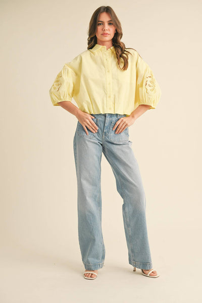 CUT OUT EMBROIDERED BUBBLE SLEEVE TOP MTP3835: LEMON / S - Lulu Bella Boutique