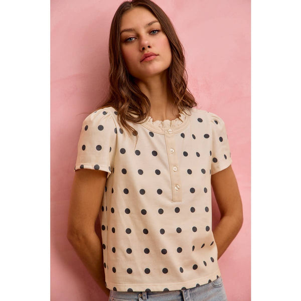 POLK-A-DOT KNIT LACE TRIM ON NECKLINE SHORT TOP: OFF WHITE/BLACK / S - Lulu Bella Boutique