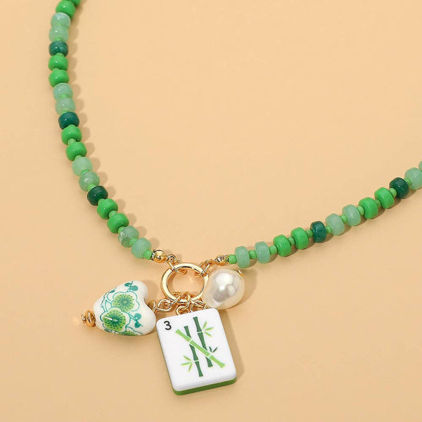 Mahjong Tile Charm Pearl Floral Bead Ball Charm Pendant Beaded Necklace: Blue,Gold