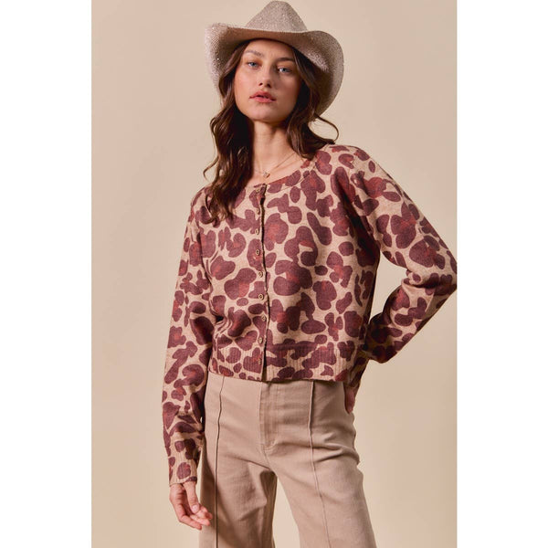 LEOPARD PRINT BUTTON UP SWEATER CARDIGAN: LEOPARD