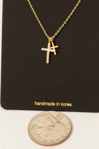 Cz Pave Double Cross Pendant Necklace: S - Lulu Bella Boutique