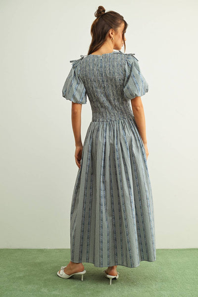 D5974   FLORAL PRINT WITH PUFF SLV DRESS: BLUE MULTI / S - Lulu Bella Boutique